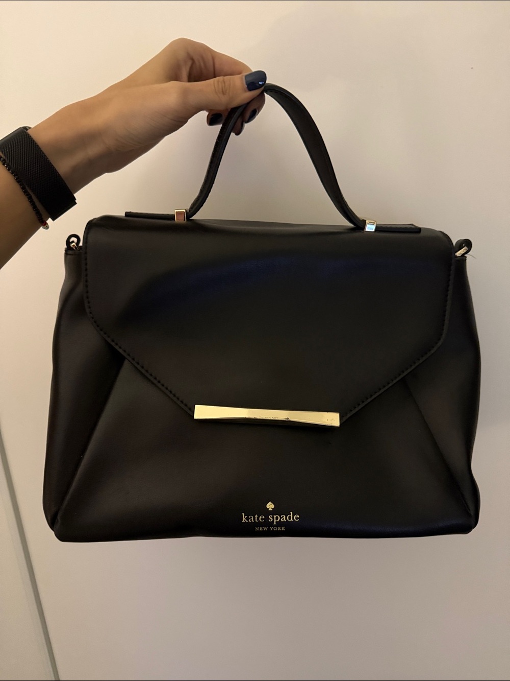 kate spade Black Smooth Leather Top-Handle Satchel with Gold Accent